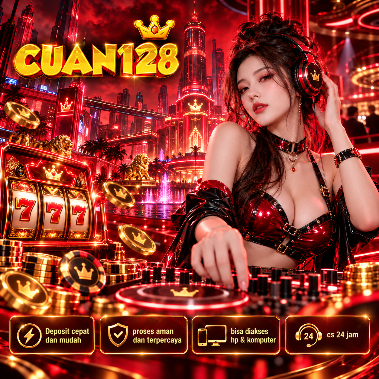 Poster CUAN128 bernuansa merah neon dengan tema musik dan game